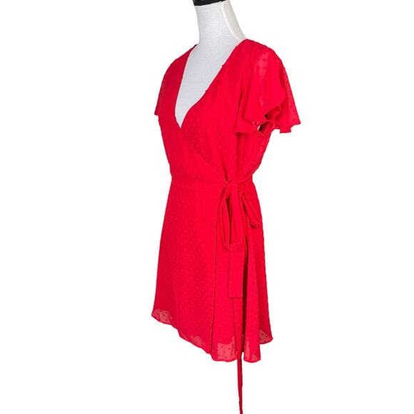 Lulus Much to Celebrate Red Swiss Dot Flutter Sleeve Wrap Mini Dress - Picture 7 of 14